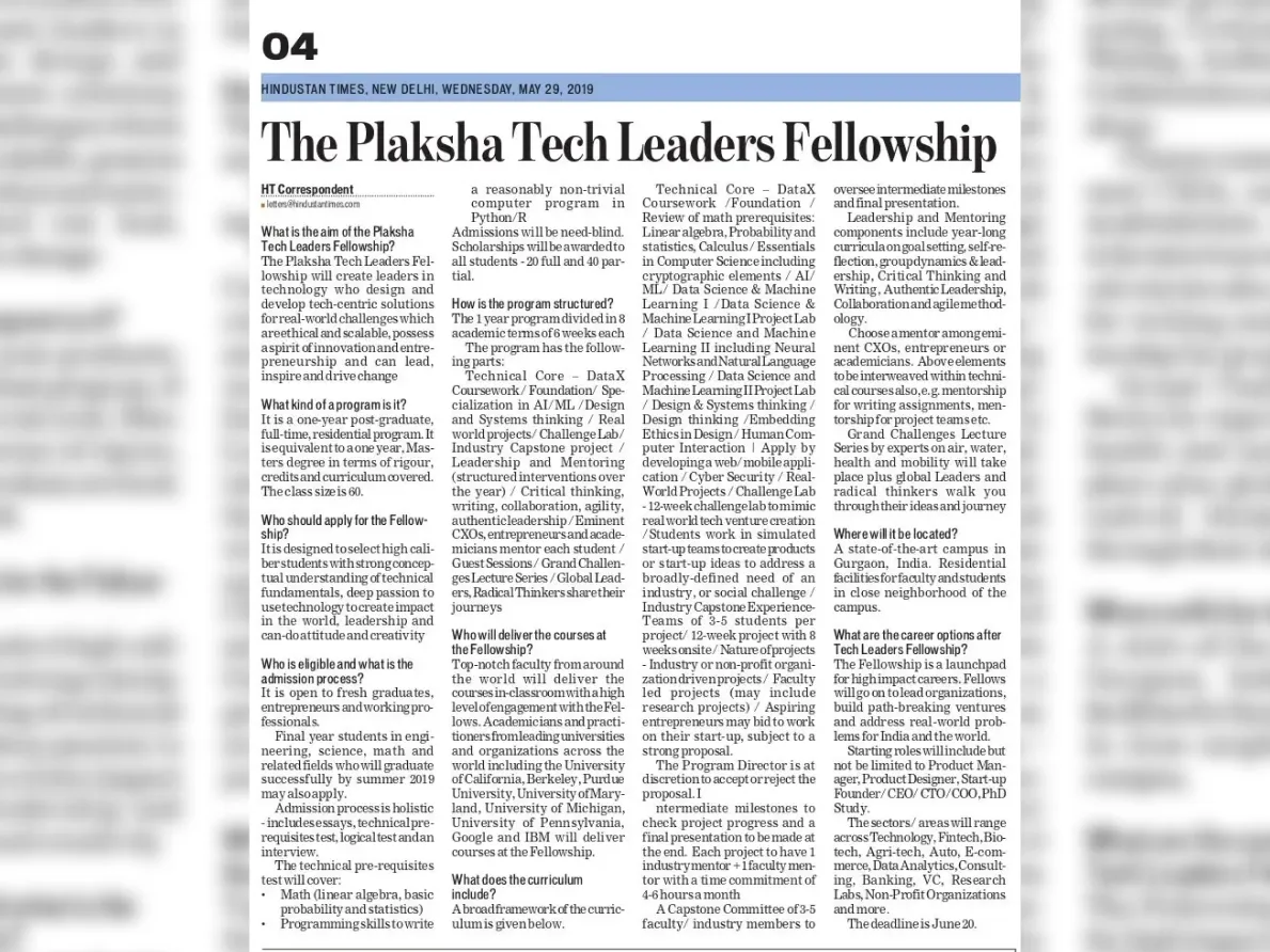 The Plaksha Tech Leaders Fellowship