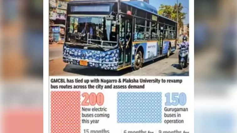 Times of India coverage titled ‘GMCBL to Redraw Gurgaon Bus Routes’, reporting on proposed Gurgaon bus route changes and electric bus rollout.
