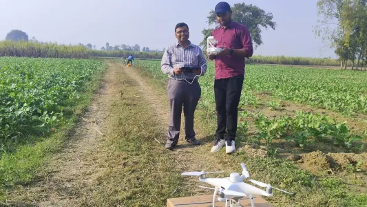Satellite and drone data being combined for agricultural analysis.